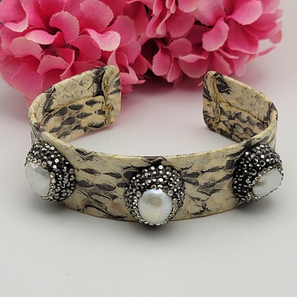 Vintage Snake Skin Print Baroque Pearl And Marcasite Cuff Bracelet 6" Adj.